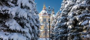 雪の積もった木々から覗く建物